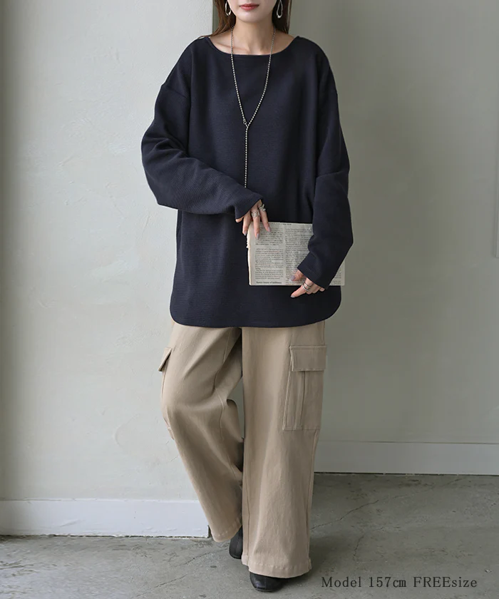 ロンT ワッフル プルオーバー レディース トップス Tシャツ 長袖 カットソー ロング ティーシャツ チュニック ビッグ クルーネック 長い ドルマン ドルマンスリーブ ゆったり 無地 体型カバー お尻が隠れる 大きいサイズ おしゃれ 白 黒 秋 冬 HUG.U - Image 17