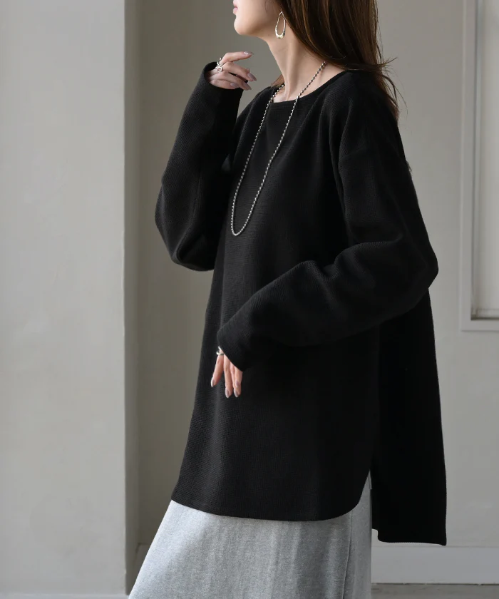 ロンT ワッフル プルオーバー レディース トップス Tシャツ 長袖 カットソー ロング ティーシャツ チュニック ビッグ クルーネック 長い ドルマン ドルマンスリーブ ゆったり 無地 体型カバー お尻が隠れる 大きいサイズ おしゃれ 白 黒 秋 冬 HUG.U - Image 26