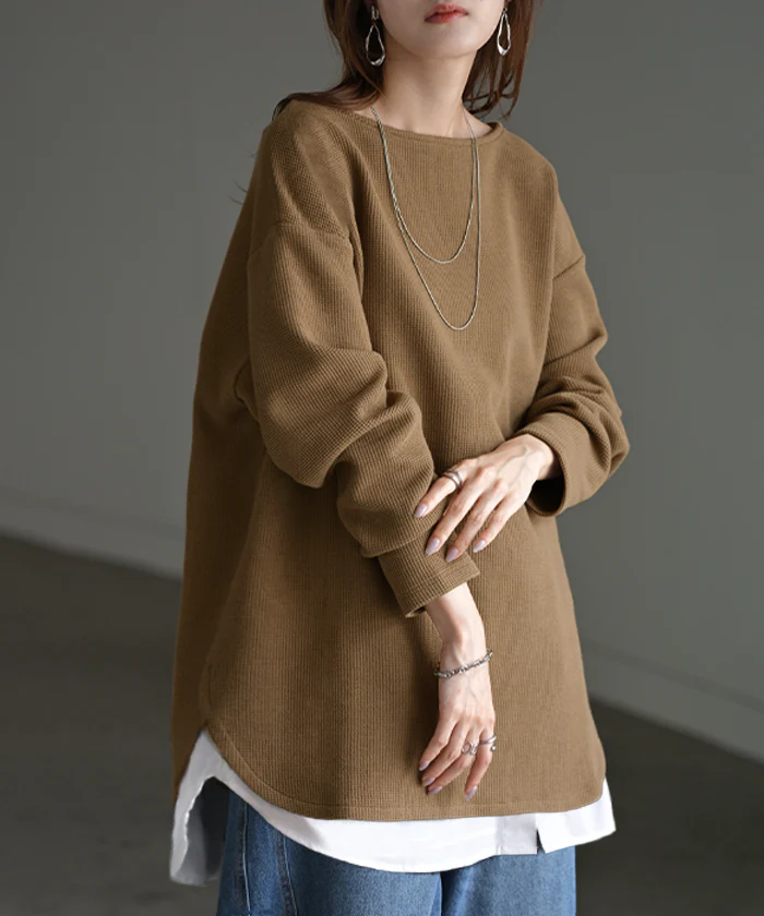 ロンT ワッフル プルオーバー レディース トップス Tシャツ 長袖 カットソー ロング ティーシャツ チュニック ビッグ クルーネック 長い ドルマン ドルマンスリーブ ゆったり 無地 体型カバー お尻が隠れる 大きいサイズ おしゃれ 白 黒 秋 冬 HUG.U - Image 27