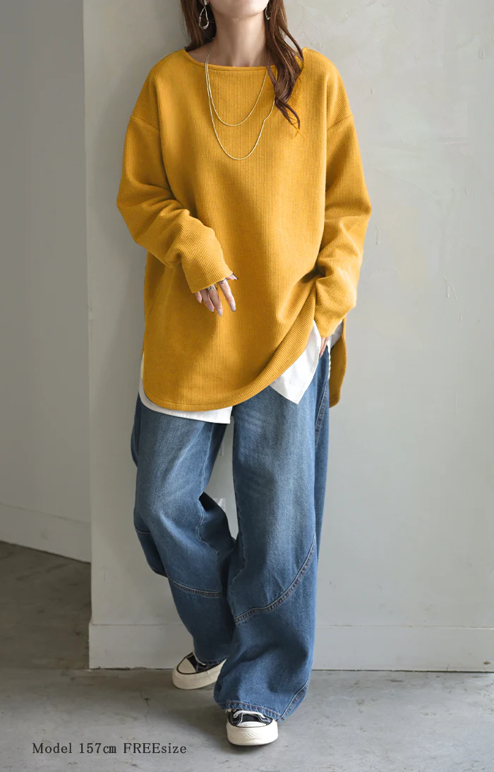 ロンT ワッフル プルオーバー レディース トップス Tシャツ 長袖 カットソー ロング ティーシャツ チュニック ビッグ クルーネック 長い ドルマン ドルマンスリーブ ゆったり 無地 体型カバー お尻が隠れる 大きいサイズ おしゃれ 白 黒 秋 冬 HUG.U - Image 7