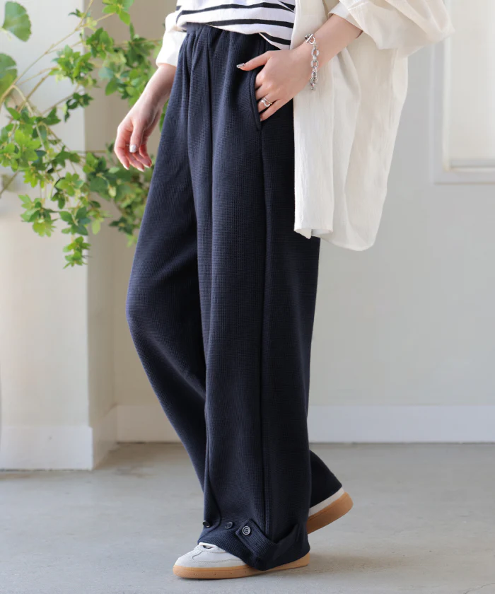 パンツ ワイド ワッフル レディース ワイドパンツ ロング ロングパンツ カーブパンツ 体型カバー ボトムス ボトム ストレート ズボン ゆったり ハイウエスト ストレッチ 美脚 きれいめ リラックス 大きいサイズ 黒 ネイビー 秋 冬 HUG.U - Image 5