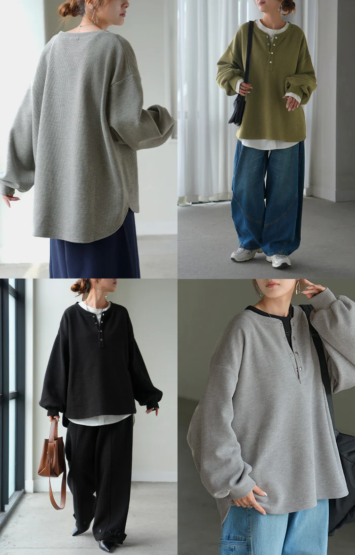 ロンT ワッフル レディース トップス ロング Tシャツ ヘンリーネック ワッフル生地 チュニック 長袖 無地 シワになりにくい パフスリーブ レイヤード 重ね着 体型カバー 大きいサイズ カジュアル シンプル 黒 カーキ 秋 冬 HUG.U - Image 20