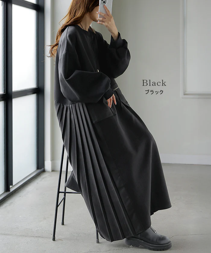 ワンピース プリーツ 異素材 ドッキング ワンピ レディース スウェット ロング ロングワンピース スエット トレーナー Aライン マキシ マキシワンピース ロングワンピ 長袖 Tシャツ 体型カバー 二の腕カバー 大きいサイズ 無地 黒 ベージュ 秋 冬 HUG.U - Image 12