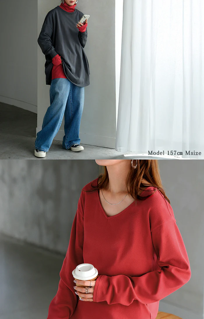 インナー 防汚加工 レディース ロンT トップス ロング 長袖 Tシャツ カットソー ティーシャツ Vネック クルーネック ハイネック 長い レイヤード カラバリ ストレッチ サムホール ゆったり 無地 体型カバー 大きいサイズ おしゃれ 白 黒 秋 冬 HUG.U メール便 - Image 8