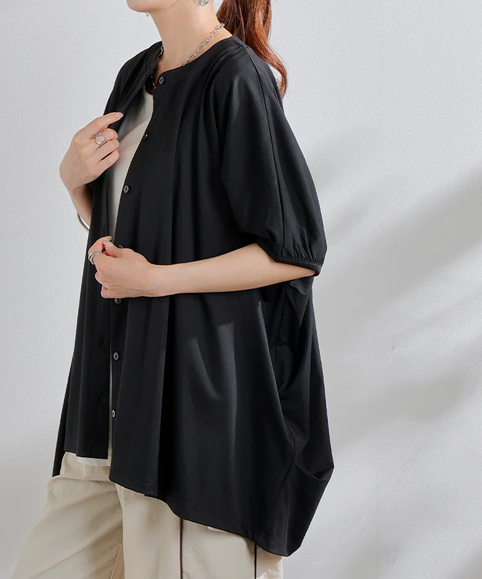 【夏セール】 「シャツ 以上 カーデ 未満。」 接触冷感 UVカット レディース トップス ノーカラー バンドカラー ロング チュニック 半袖 無地 羽織 ドルマン ぽわん袖 ライトアウター きれいめ ゆったり 大きいサイズ 体型カバー お尻が隠れる 黒 春 夏 HUG.U - Image 26