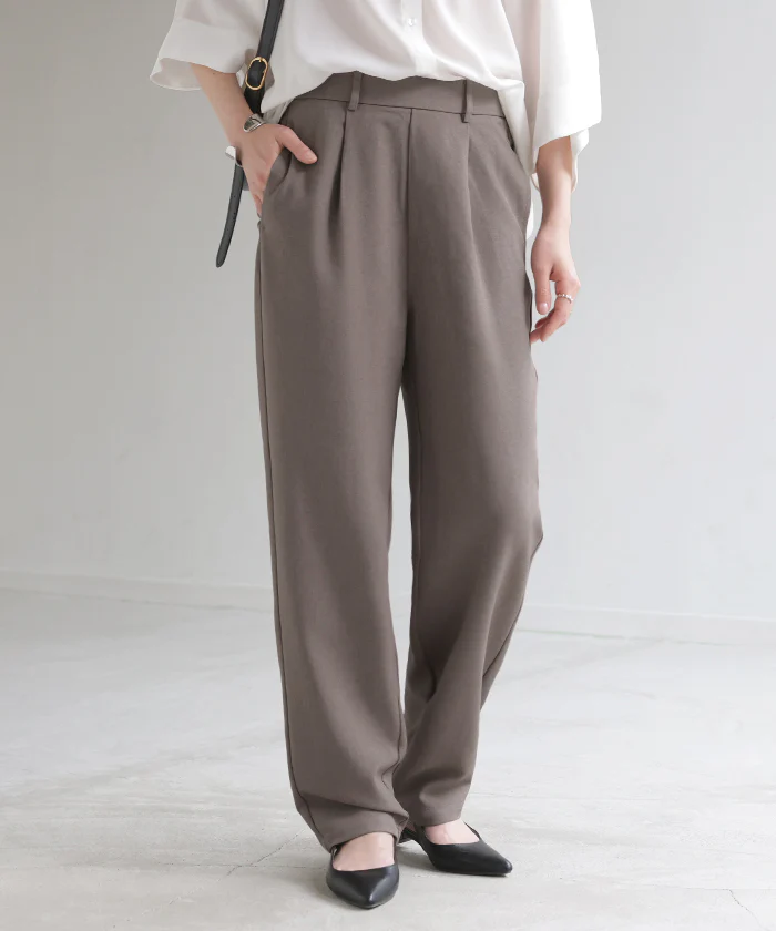 パンツ イージーケア ウール ライク ワイド テーパード タックパンツ レディース タック ワイドパンツ ストレッチ ロング ロングパンツ 体型カバー ボトムス ボトム ストレート シワになりにくい ズボン ゆったり 大きいサイズ 黒 グレー 秋 冬 HUG.U - Image 5