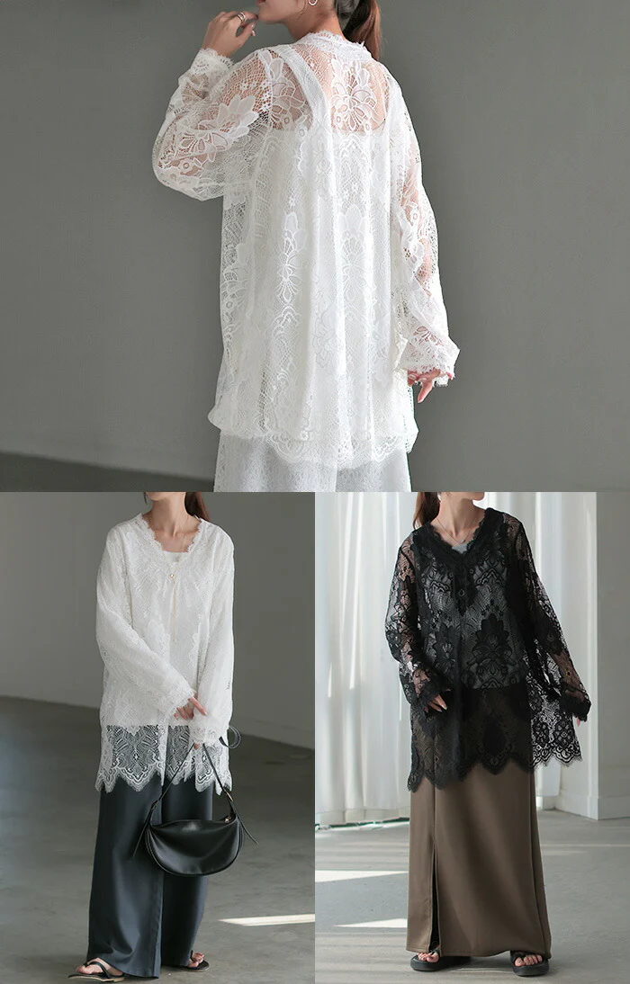 Tシャツ レース シアー レディース トップス レイヤード 長袖 カットソー ロング ティーシャツ ビッグ プラスサイズ Vネック 長い 薄手 ドルマン レーストップス 花柄 ゆったり お尻が隠れる 体型カバー 大きいサイズ おしゃれ 白 黒 春 冬 HUG.U メール便 - Image 21