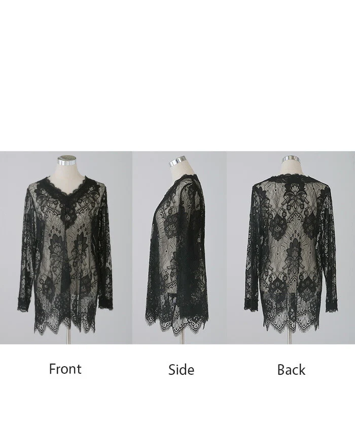 Tシャツ レース シアー レディース トップス レイヤード 長袖 カットソー ロング ティーシャツ ビッグ プラスサイズ Vネック 長い 薄手 ドルマン レーストップス 花柄 ゆったり お尻が隠れる 体型カバー 大きいサイズ おしゃれ 白 黒 春 冬 HUG.U メール便 - Image 23