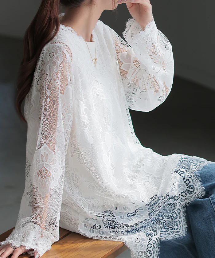 Tシャツ レース シアー レディース トップス レイヤード 長袖 カットソー ロング ティーシャツ ビッグ プラスサイズ Vネック 長い 薄手 ドルマン レーストップス 花柄 ゆったり お尻が隠れる 体型カバー 大きいサイズ おしゃれ 白 黒 春 冬 HUG.U メール便 - Image 27