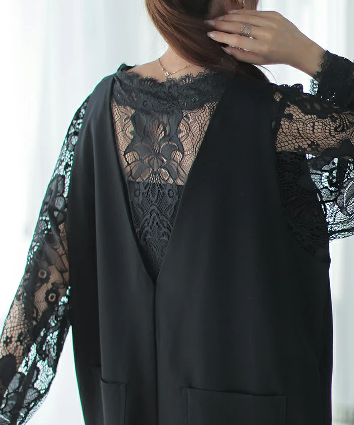 Tシャツ レース シアー レディース トップス レイヤード 長袖 カットソー ロング ティーシャツ ビッグ プラスサイズ Vネック 長い 薄手 ドルマン レーストップス 花柄 ゆったり お尻が隠れる 体型カバー 大きいサイズ おしゃれ 白 黒 春 冬 HUG.U メール便 - Image 7