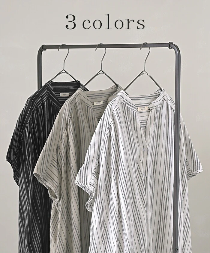 【夏セール】 ワンピース ストライプ シャツ リネン 混 キーネック シャツワンピース シャツワンピ レディース ロング ロングワンピース マキシ マキシワンピース ワンピ ロングシャツ ロングワンピ ノーカラ― 半袖 羽織 ナチュラル 体型カバー 黒 春 夏 HUG.U - Image 10