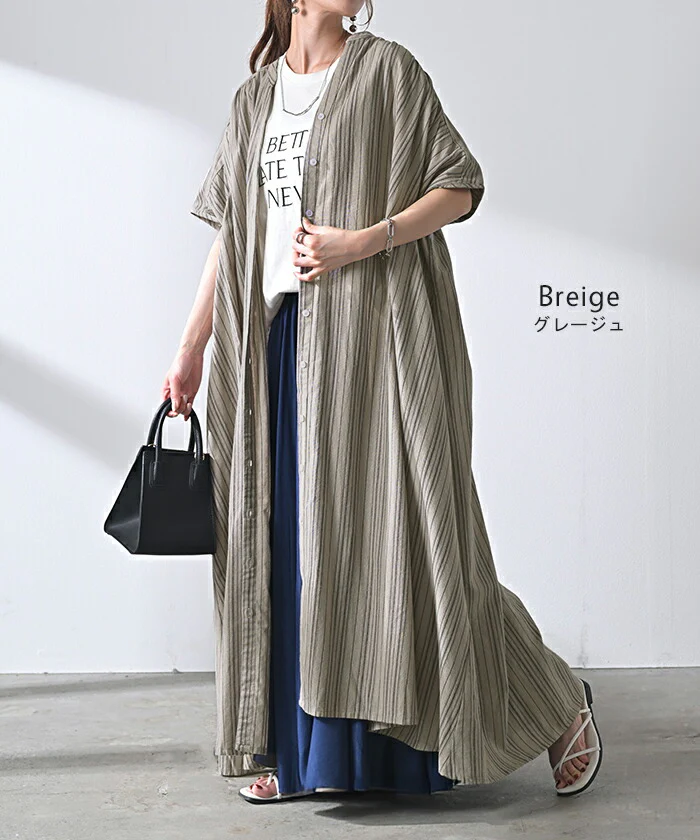 【夏セール】 ワンピース ストライプ シャツ リネン 混 キーネック シャツワンピース シャツワンピ レディース ロング ロングワンピース マキシ マキシワンピース ワンピ ロングシャツ ロングワンピ ノーカラ― 半袖 羽織 ナチュラル 体型カバー 黒 春 夏 HUG.U - Image 13