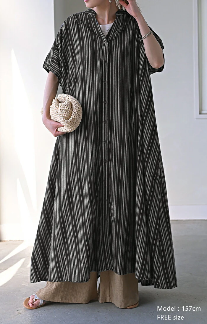 【夏セール】 ワンピース ストライプ シャツ リネン 混 キーネック シャツワンピース シャツワンピ レディース ロング ロングワンピース マキシ マキシワンピース ワンピ ロングシャツ ロングワンピ ノーカラ― 半袖 羽織 ナチュラル 体型カバー 黒 春 夏 HUG.U - Image 20