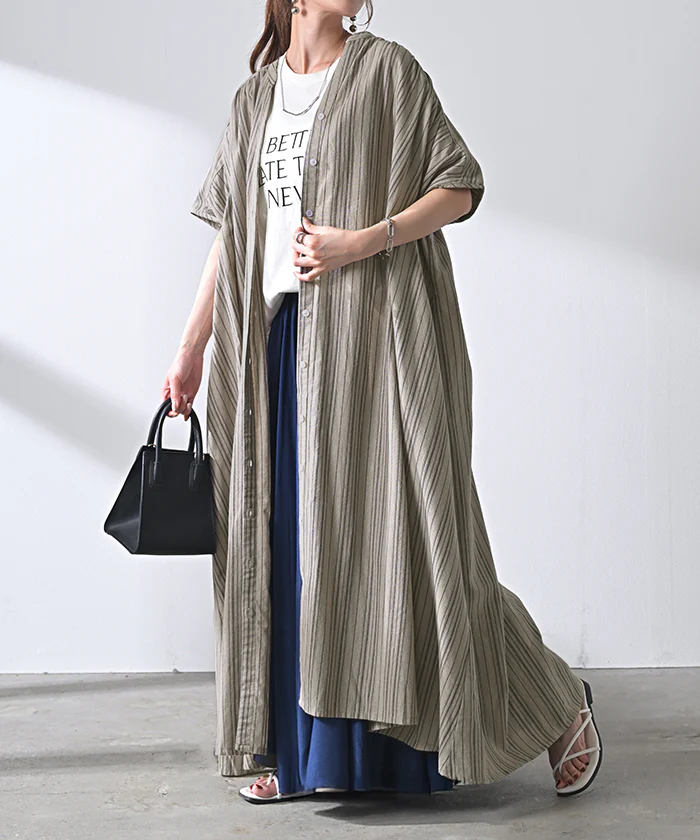 【夏セール】 ワンピース ストライプ シャツ リネン 混 キーネック シャツワンピース シャツワンピ レディース ロング ロングワンピース マキシ マキシワンピース ワンピ ロングシャツ ロングワンピ ノーカラ― 半袖 羽織 ナチュラル 体型カバー 黒 春 夏 HUG.U - Image 27