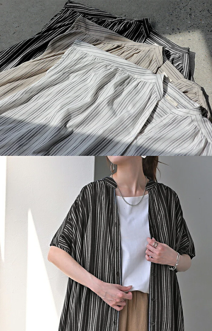 【夏セール】 ワンピース ストライプ シャツ リネン 混 キーネック シャツワンピース シャツワンピ レディース ロング ロングワンピース マキシ マキシワンピース ワンピ ロングシャツ ロングワンピ ノーカラ― 半袖 羽織 ナチュラル 体型カバー 黒 春 夏 HUG.U - Image 7