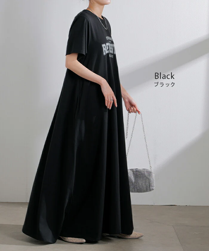 ワンピース ロゴ 汗染み 防止 UV 接触冷感 ロング Tシャツ ワンピ レディース 汗ジミ防止 ロングワンピース カットソー Aライン マキシ マキシワンピース ワンピ ロングワンピ 半袖 プリント 体型カバー ストレッチ 大きいサイズ 黒 春 夏 HUG.U - Image 10