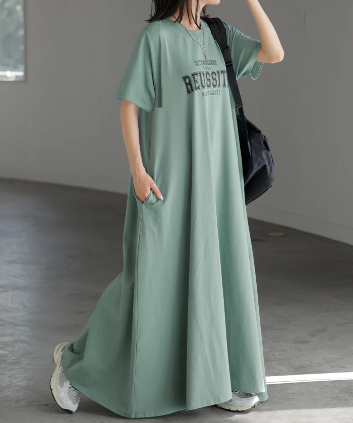ワンピース ロゴ 汗染み 防止 UV 接触冷感 ロング Tシャツ ワンピ レディース 汗ジミ防止 ロングワンピース カットソー Aライン マキシ マキシワンピース ワンピ ロングワンピ 半袖 プリント 体型カバー ストレッチ 大きいサイズ 黒 春 夏 HUG.U - Image 20