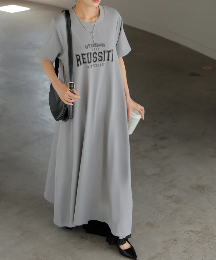 ワンピース ロゴ 汗染み 防止 UV 接触冷感 ロング Tシャツ ワンピ レディース 汗ジミ防止 ロングワンピース カットソー Aライン マキシ マキシワンピース ワンピ ロングワンピ 半袖 プリント 体型カバー ストレッチ 大きいサイズ 黒 春 夏 HUG.U - Image 24