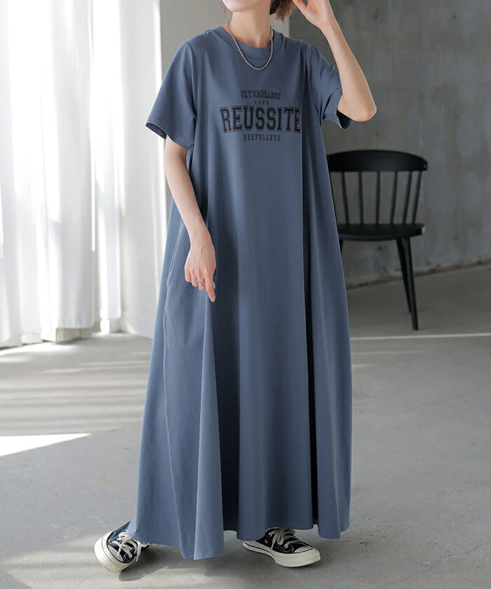 ワンピース ロゴ 汗染み 防止 UV 接触冷感 ロング Tシャツ ワンピ レディース 汗ジミ防止 ロングワンピース カットソー Aライン マキシ マキシワンピース ワンピ ロングワンピ 半袖 プリント 体型カバー ストレッチ 大きいサイズ 黒 春 夏 HUG.U - Image 29
