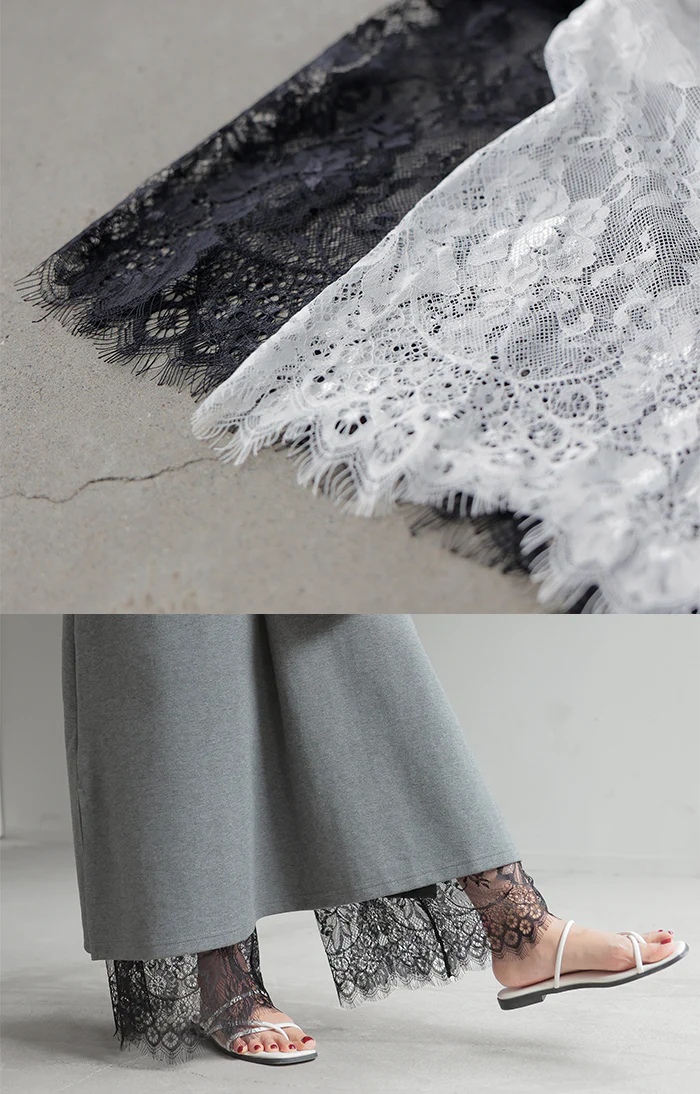 パンツ 裾 レース ワイドパンツ ワイド レディース ■一部7月中旬入荷 ロング ロングパンツ 体型カバー 無地 ボトムス ボトム ストレート ズボン ゆったり ストレッチ ハイウエスト ゴム ペチパンツ レイヤード 重ね着 花柄 シアー 大きいサイズ 黒 白 春 夏 HUG.U メール便 - Image 10