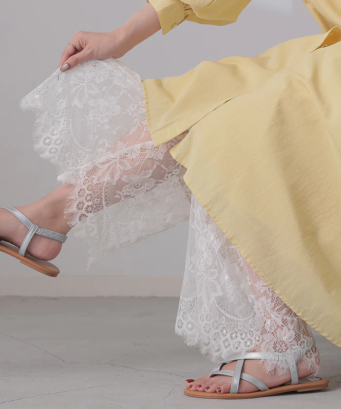 パンツ 裾 レース ワイドパンツ ワイド レディース ■一部7月中旬入荷 ロング ロングパンツ 体型カバー 無地 ボトムス ボトム ストレート ズボン ゆったり ストレッチ ハイウエスト ゴム ペチパンツ レイヤード 重ね着 花柄 シアー 大きいサイズ 黒 白 春 夏 HUG.U メール便 - Image 20