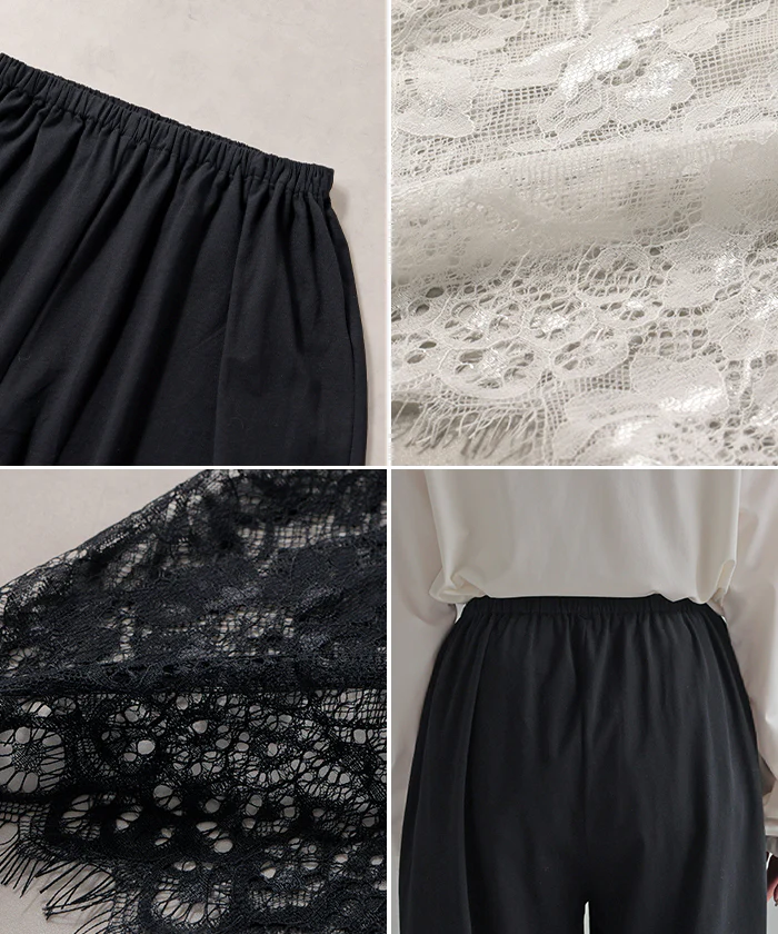 パンツ 裾 レース ワイドパンツ ワイド レディース ■一部7月中旬入荷 ロング ロングパンツ 体型カバー 無地 ボトムス ボトム ストレート ズボン ゆったり ストレッチ ハイウエスト ゴム ペチパンツ レイヤード 重ね着 花柄 シアー 大きいサイズ 黒 白 春 夏 HUG.U メール便 - Image 22