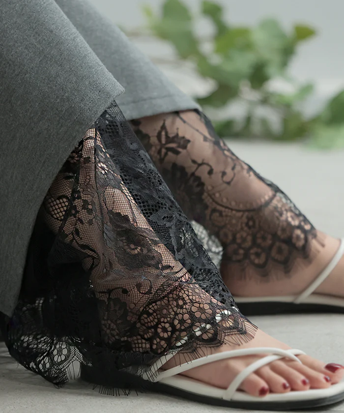 パンツ 裾 レース ワイドパンツ ワイド レディース ■一部7月中旬入荷 ロング ロングパンツ 体型カバー 無地 ボトムス ボトム ストレート ズボン ゆったり ストレッチ ハイウエスト ゴム ペチパンツ レイヤード 重ね着 花柄 シアー 大きいサイズ 黒 白 春 夏 HUG.U メール便 - Image 27