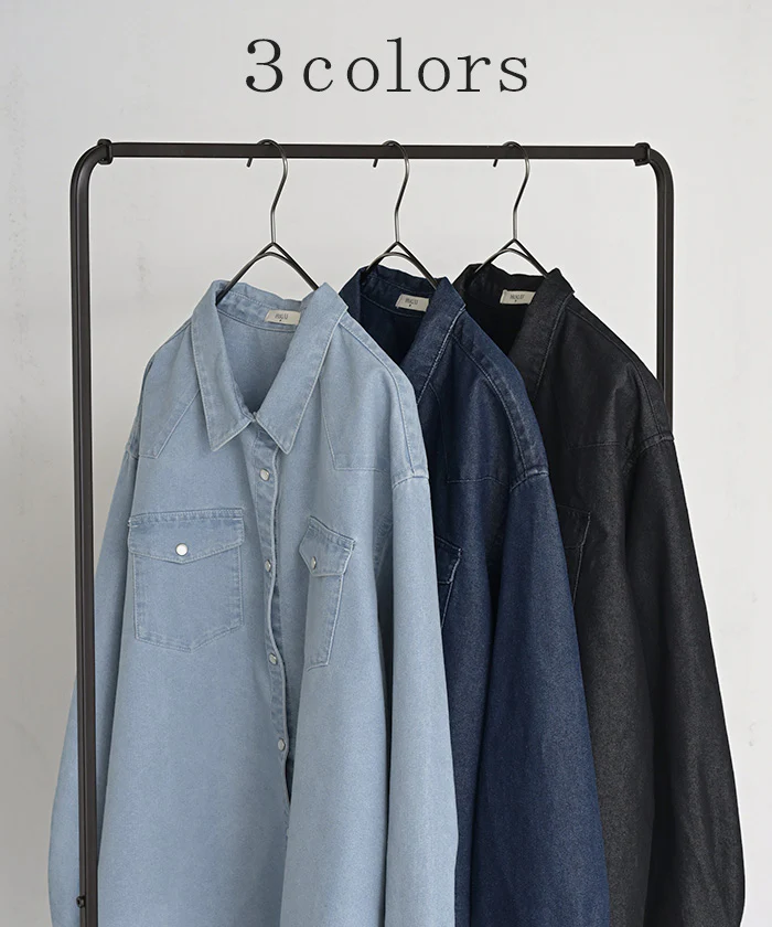 シャツ デニム トップス ロング レディース ■一部7月中旬入荷 アウター デニムシャツ チュニック 長袖 無地 羽織 Gジャン ジャケット ウエスタン ポケット ドロップショルダー パール ボタン ゆったり 大きいサイズ 体型カバー お尻が隠れる カジュアル 黒 青 秋 冬 HUG.U - Image 10