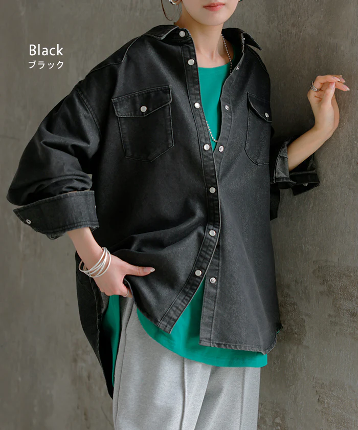 シャツ デニム トップス ロング レディース ■一部7月中旬入荷 アウター デニムシャツ チュニック 長袖 無地 羽織 Gジャン ジャケット ウエスタン ポケット ドロップショルダー パール ボタン ゆったり 大きいサイズ 体型カバー お尻が隠れる カジュアル 黒 青 秋 冬 HUG.U - Image 13