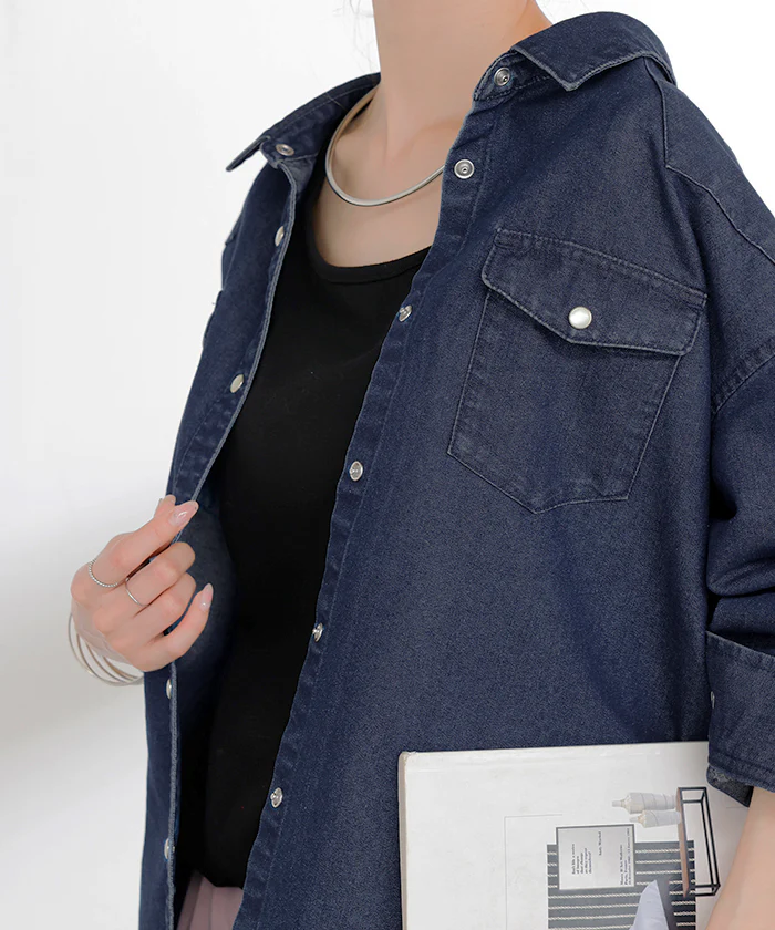シャツ デニム トップス ロング レディース ■一部7月中旬入荷 アウター デニムシャツ チュニック 長袖 無地 羽織 Gジャン ジャケット ウエスタン ポケット ドロップショルダー パール ボタン ゆったり 大きいサイズ 体型カバー お尻が隠れる カジュアル 黒 青 秋 冬 HUG.U - Image 18