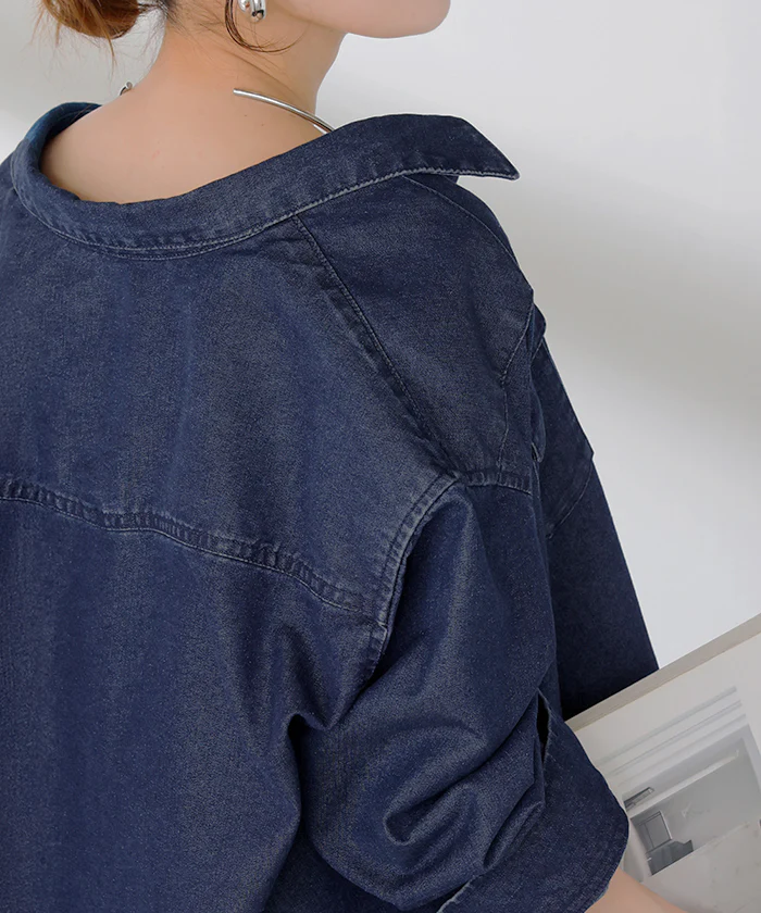 シャツ デニム トップス ロング レディース ■一部7月中旬入荷 アウター デニムシャツ チュニック 長袖 無地 羽織 Gジャン ジャケット ウエスタン ポケット ドロップショルダー パール ボタン ゆったり 大きいサイズ 体型カバー お尻が隠れる カジュアル 黒 青 秋 冬 HUG.U - Image 20