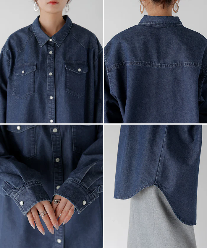 シャツ デニム トップス ロング レディース ■一部7月中旬入荷 アウター デニムシャツ チュニック 長袖 無地 羽織 Gジャン ジャケット ウエスタン ポケット ドロップショルダー パール ボタン ゆったり 大きいサイズ 体型カバー お尻が隠れる カジュアル 黒 青 秋 冬 HUG.U - Image 22