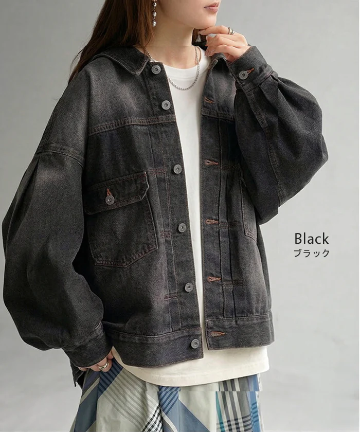 Gジャン ぽわん袖 アウター レディース デニム ロング ビッグ ジャケット デニムジャケット デニムシャツ ブルゾン オーバー 長袖 羽織 チュニック ジーンズ オーバーサイズ 大きいサイズ 体型カバー お尻が隠れる おしゃれ 青 黒 秋 冬 HUG.U - Image 12