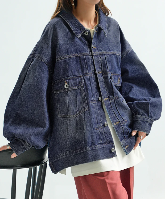 Gジャン ぽわん袖 アウター レディース デニム ロング ビッグ ジャケット デニムジャケット デニムシャツ ブルゾン オーバー 長袖 羽織 チュニック ジーンズ オーバーサイズ 大きいサイズ 体型カバー お尻が隠れる おしゃれ 青 黒 秋 冬 HUG.U - Image 27