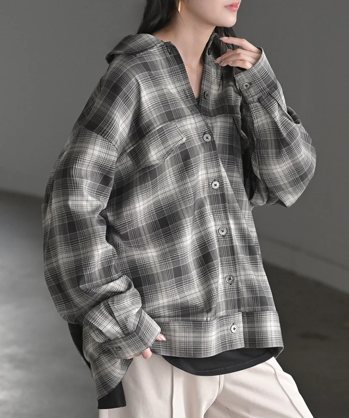 シャケット シャツ ジャケット チェックシャツ レディース トップス ロング ロングシャツ アウター チュニック 長袖 チェック 柄 羽織 ライトアウター きれいめ ゆったり オーバーサイズ 大きいサイズ 体型カバー お尻が隠れる メンズライク 黒 秋 冬 HUG.U - Image 14