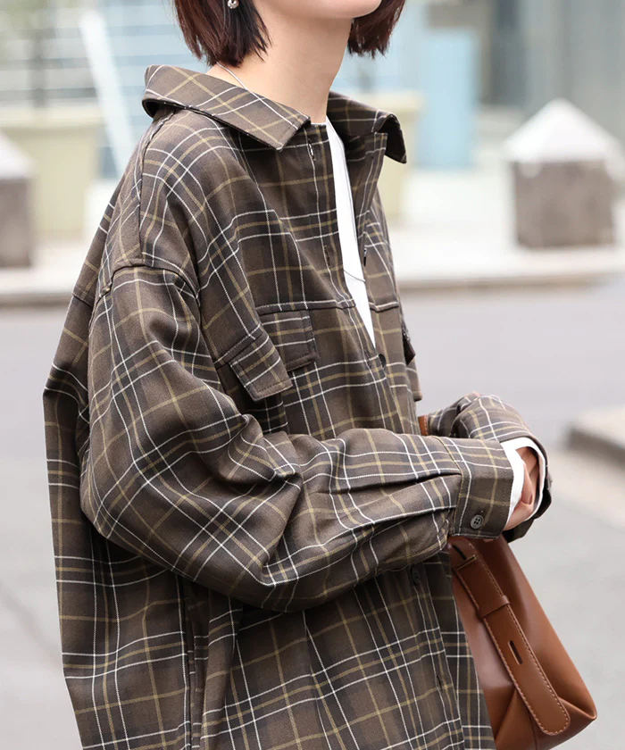 シャケット シャツ ジャケット チェックシャツ レディース トップス ロング ロングシャツ アウター チュニック 長袖 チェック 柄 羽織 ライトアウター きれいめ ゆったり オーバーサイズ 大きいサイズ 体型カバー お尻が隠れる メンズライク 黒 秋 冬 HUG.U - Image 19