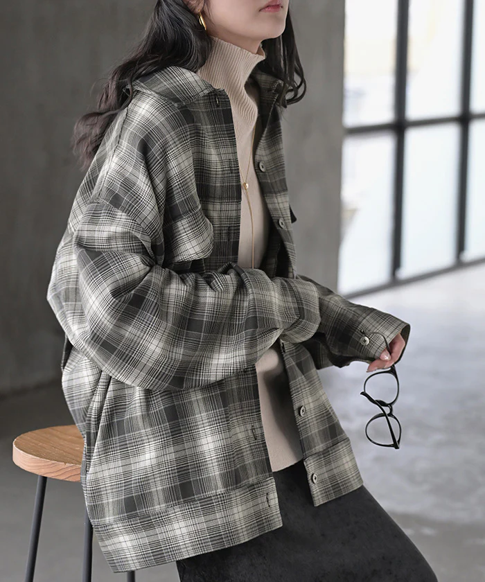 シャケット シャツ ジャケット チェックシャツ レディース トップス ロング ロングシャツ アウター チュニック 長袖 チェック 柄 羽織 ライトアウター きれいめ ゆったり オーバーサイズ 大きいサイズ 体型カバー お尻が隠れる メンズライク 黒 秋 冬 HUG.U - Image 26