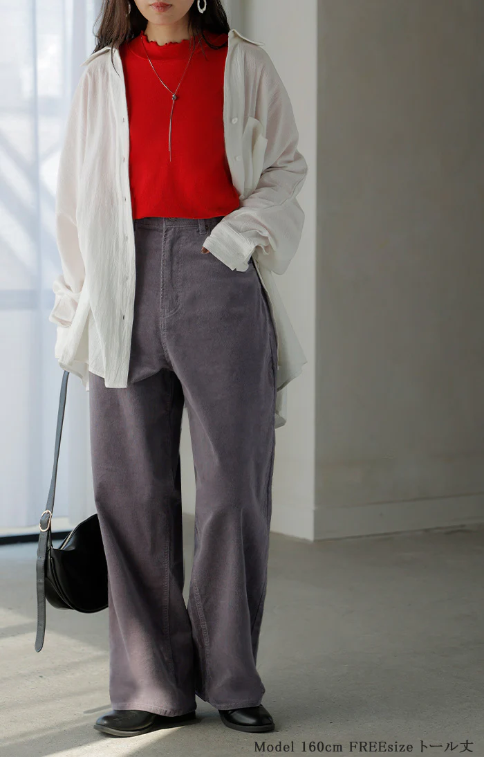パンツ コーデュロイ ワイド 選べる 2丈 レディース ワイドパンツ 綿 混 ロング ロングパンツ ウエストゴム 体型カバー ボトムス ボトム ストレート ズボン ゆったり ハイウエスト ストレッチ 美脚 大きいサイズ きれいめ 黒 ベージュ 秋 冬 HUG.U - Image 6