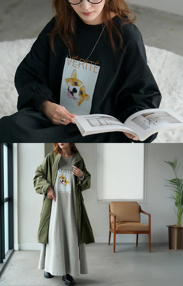 ワンピース コーギー プリント ワンピ レディース ロングワンピース カットソー ロングワンピ 長袖 ロング Tシャツ ロゴ ロンT Aライン マキシ マキシワンピース 体型カバー 二の腕カバー 犬 愛犬 犬グッズ ゆったり 大きいサイズ グレー黒 秋 冬 HUG.U - Image 16