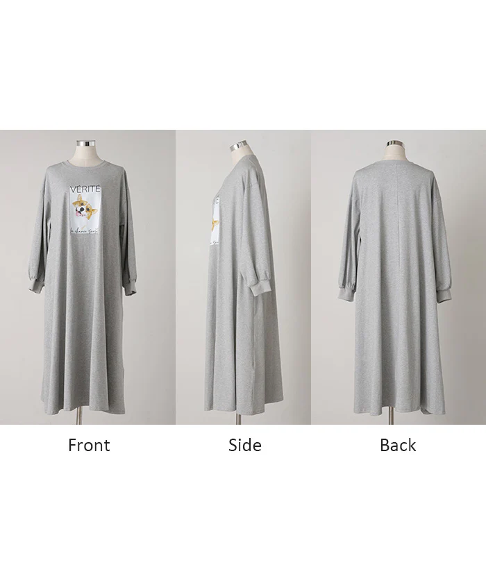 ワンピース コーギー プリント ワンピ レディース ロングワンピース カットソー ロングワンピ 長袖 ロング Tシャツ ロゴ ロンT Aライン マキシ マキシワンピース 体型カバー 二の腕カバー 犬 愛犬 犬グッズ ゆったり 大きいサイズ グレー黒 秋 冬 HUG.U - Image 21