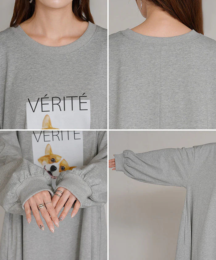 ワンピース コーギー プリント ワンピ レディース ロングワンピース カットソー ロングワンピ 長袖 ロング Tシャツ ロゴ ロンT Aライン マキシ マキシワンピース 体型カバー 二の腕カバー 犬 愛犬 犬グッズ ゆったり 大きいサイズ グレー黒 秋 冬 HUG.U - Image 22