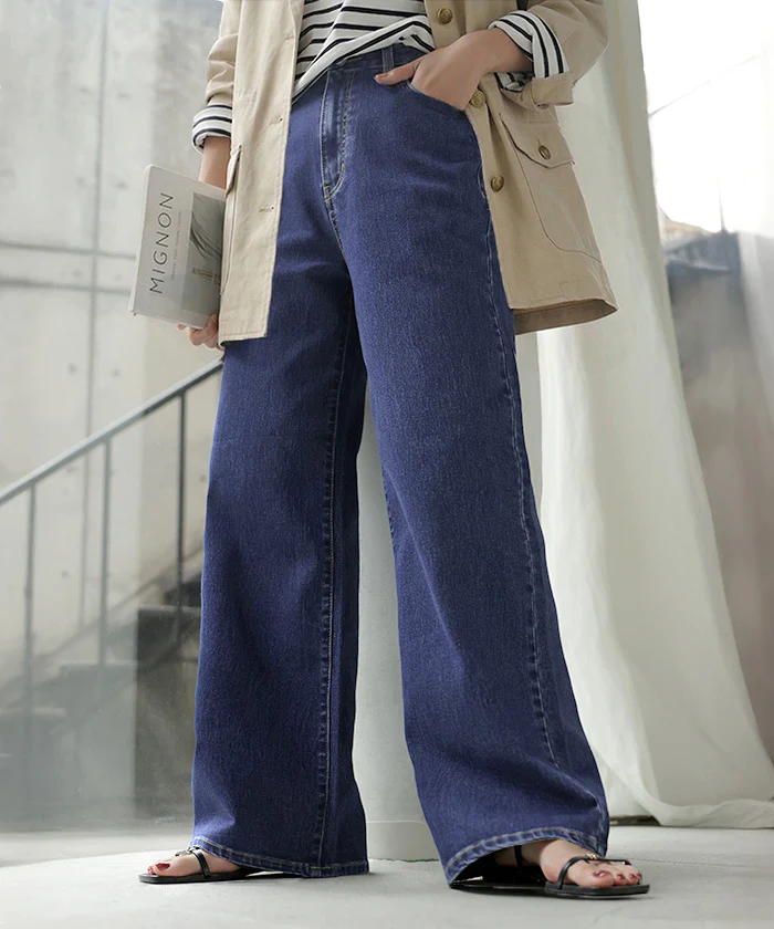 デニム パンツ 美脚 デニムパンツ レディース ワイドパンツ ワイド ジーンズ ジーパン 体型カバー ボトムス ボトム ストレート ズボン ゆったり ハイウエスト 伸びる ゴム ストレッチ 大きいサイズ 秋 冬 HUG.U - Image 5