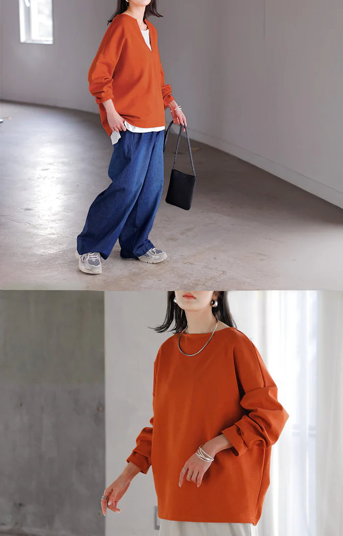 ロンT 選べる ネック ポンチ レディース トップス 長袖 Tシャツ カットソー ロング ティーシャツ シワになりにくい ストレッチ キーネック クルーネック ドルマン ゆったり 無地 体型カバー 大きいサイズ おしゃれ 白 黒 秋 冬 HUG.U - Image 12