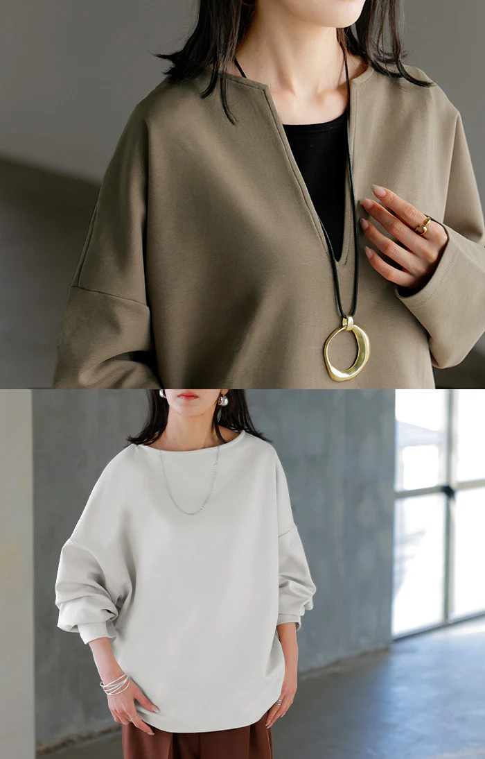 ロンT 選べる ネック ポンチ レディース トップス 長袖 Tシャツ カットソー ロング ティーシャツ シワになりにくい ストレッチ キーネック クルーネック ドルマン ゆったり 無地 体型カバー 大きいサイズ おしゃれ 白 黒 秋 冬 HUG.U - Image 24