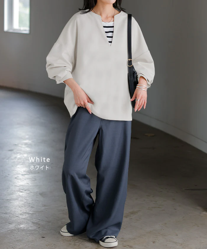 ロンT 選べる ネック ポンチ レディース トップス 長袖 Tシャツ カットソー ロング ティーシャツ シワになりにくい ストレッチ キーネック クルーネック ドルマン ゆったり 無地 体型カバー 大きいサイズ おしゃれ 白 黒 秋 冬 HUG.U - Image 25