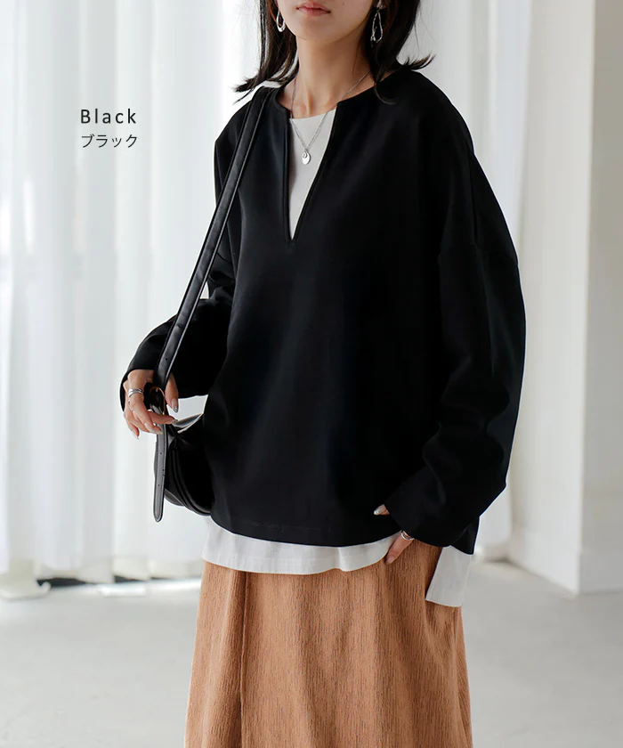ロンT 選べる ネック ポンチ レディース トップス 長袖 Tシャツ カットソー ロング ティーシャツ シワになりにくい ストレッチ キーネック クルーネック ドルマン ゆったり 無地 体型カバー 大きいサイズ おしゃれ 白 黒 秋 冬 HUG.U - Image 26