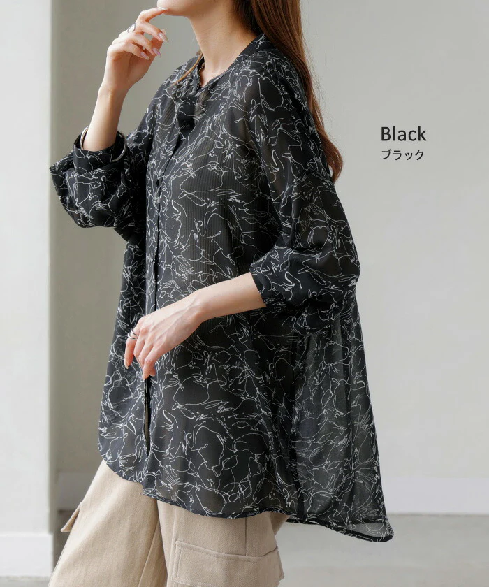 シャツ レディース ノーカラー シアー 総柄 トップス バンドカラー シワになりにくい ブラウス ロング ロングシャツ チュニック 長袖 羽織 ライトアウター きれいめ ゆったり 大きいサイズ 体型カバー 透け お尻が隠れる 黒 白 春 夏 HUG.U メール便 - Image 14