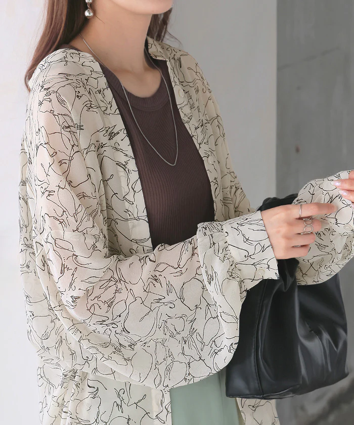 シャツ レディース ノーカラー シアー 総柄 トップス バンドカラー シワになりにくい ブラウス ロング ロングシャツ チュニック 長袖 羽織 ライトアウター きれいめ ゆったり 大きいサイズ 体型カバー 透け お尻が隠れる 黒 白 春 夏 HUG.U メール便 - Image 27