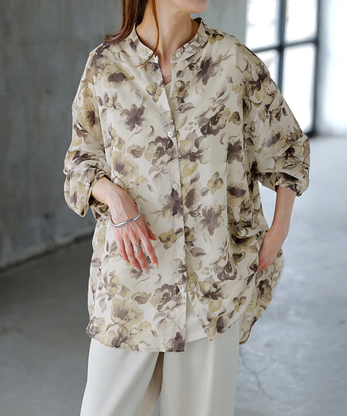 シャツ レディース ノーカラー シアー 総柄 トップス バンドカラー シワになりにくい ブラウス ロング ロングシャツ チュニック 長袖 羽織 ライトアウター きれいめ ゆったり 大きいサイズ 体型カバー 透け お尻が隠れる 黒 白 春 夏 HUG.U メール便 - Image 28