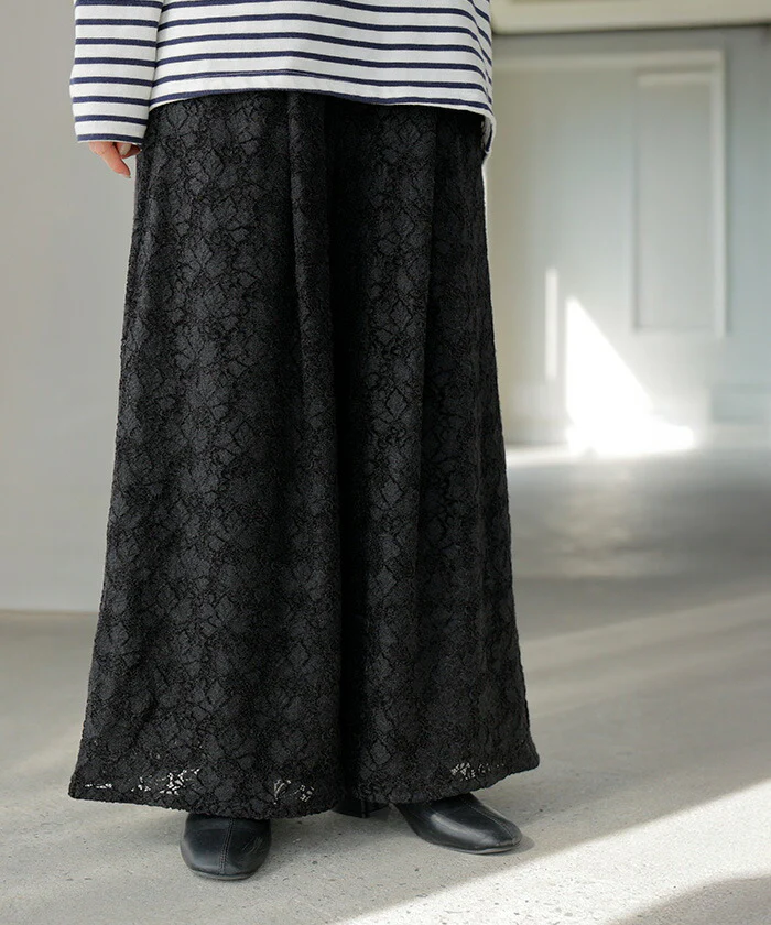 パンツ ワイド ベロア レース ”選べる2丈” ワイドパンツ レディース ロング ロングパンツ 透け ボトムス ボトム ズボン ウエストゴム 裏地付き 体型カバー ゆったり ストレッチ 美脚 高身長 大きいサイズ 黒 ブラウン 秋 夏 HUG.U - Image 14